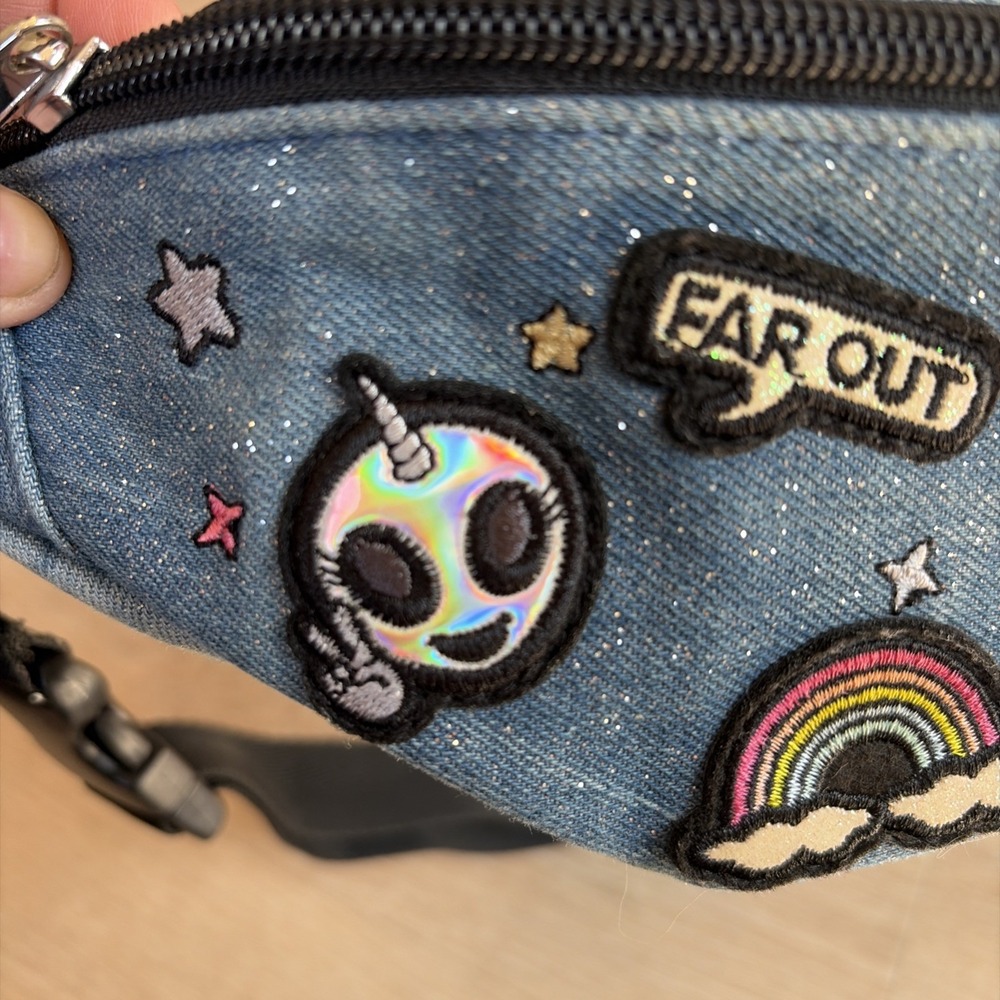 Y2K Denim Fanny Pack Alien Rainbow Waist Bag Festival Kawaii Belt Bag Patches - Picture 4 of 12